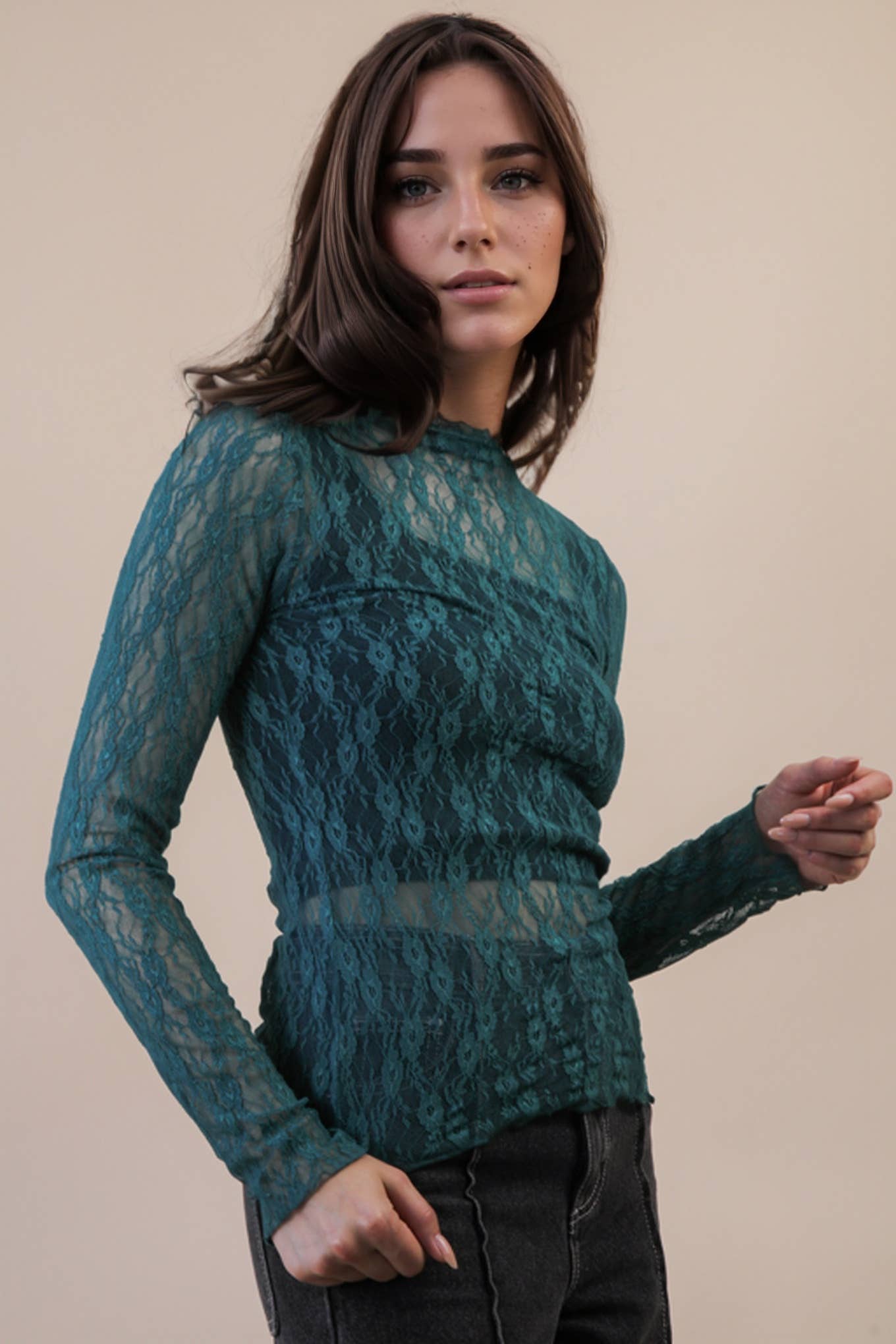 NT12220-High Neck Fitted Sheer Mesh Lace Knit Top: FOREST / S-M-L/2-2-2