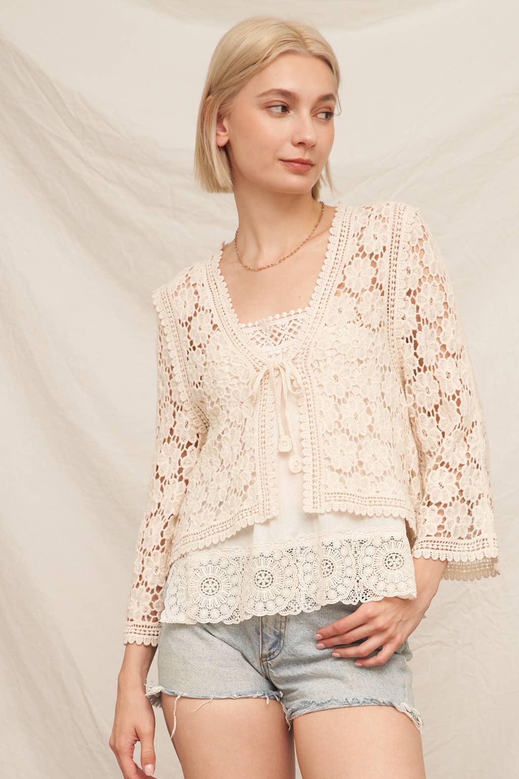 Floral Crochet Tie Front Cardigan: Natural / S/M