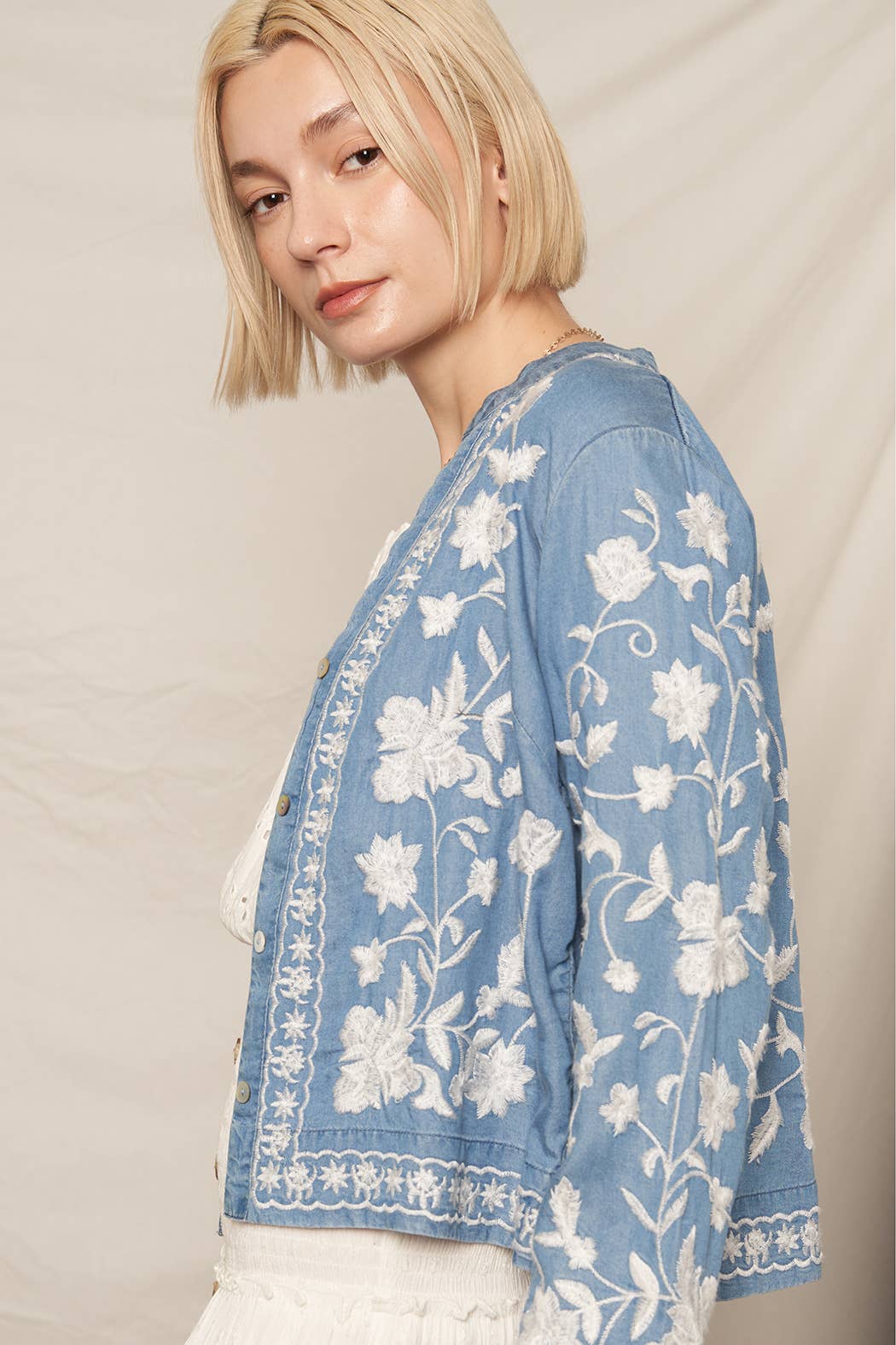 Long Sleeve Embroidered Denim Button Down Top: Dark Denim / M/L