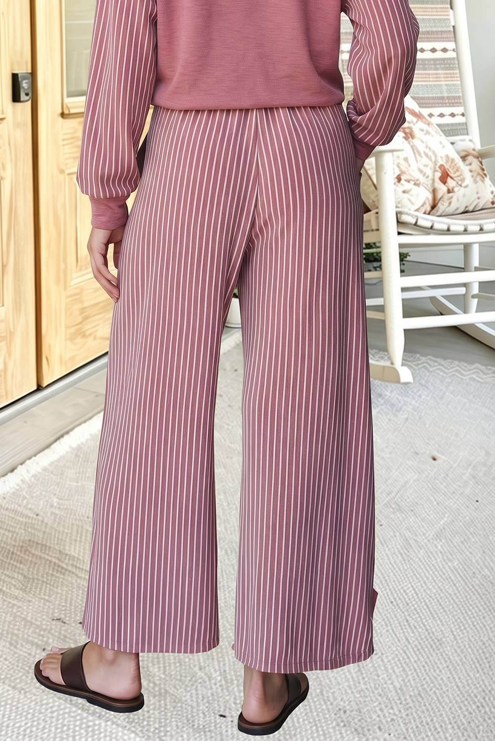 66 Striped Contrast High Waist Plus Size Pants Set (S-4X): Green / L