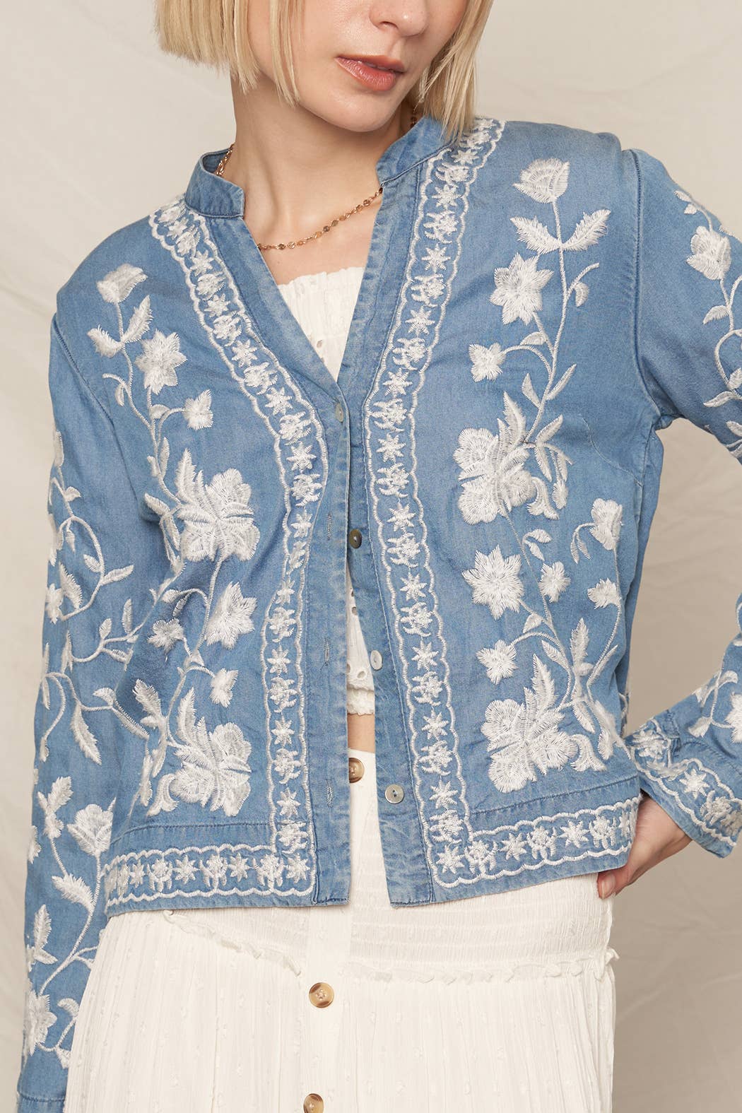 Long Sleeve Embroidered Denim Button Down Top: Dark Denim / S/M