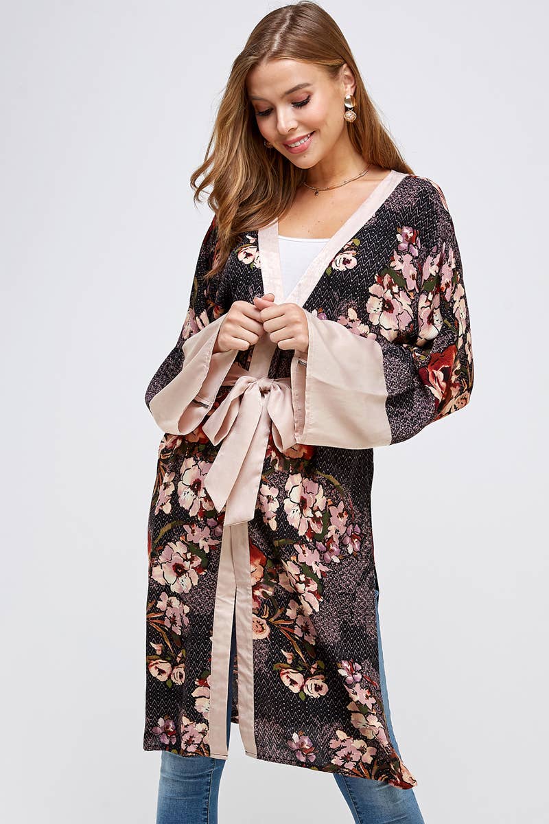 Long Sleeve Floral Satin Waist Tie Kimono: BLACK MAUVE / L