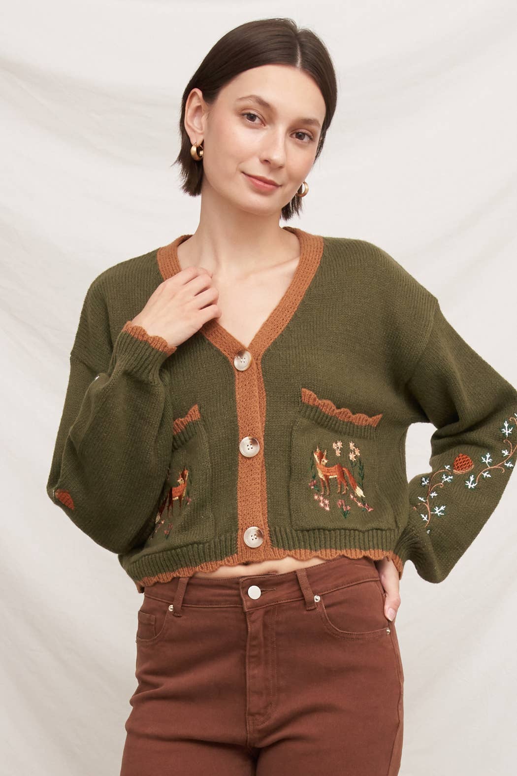 Fox Embroidered Long Sleeve Sweater Cardigan: Brown / M/L