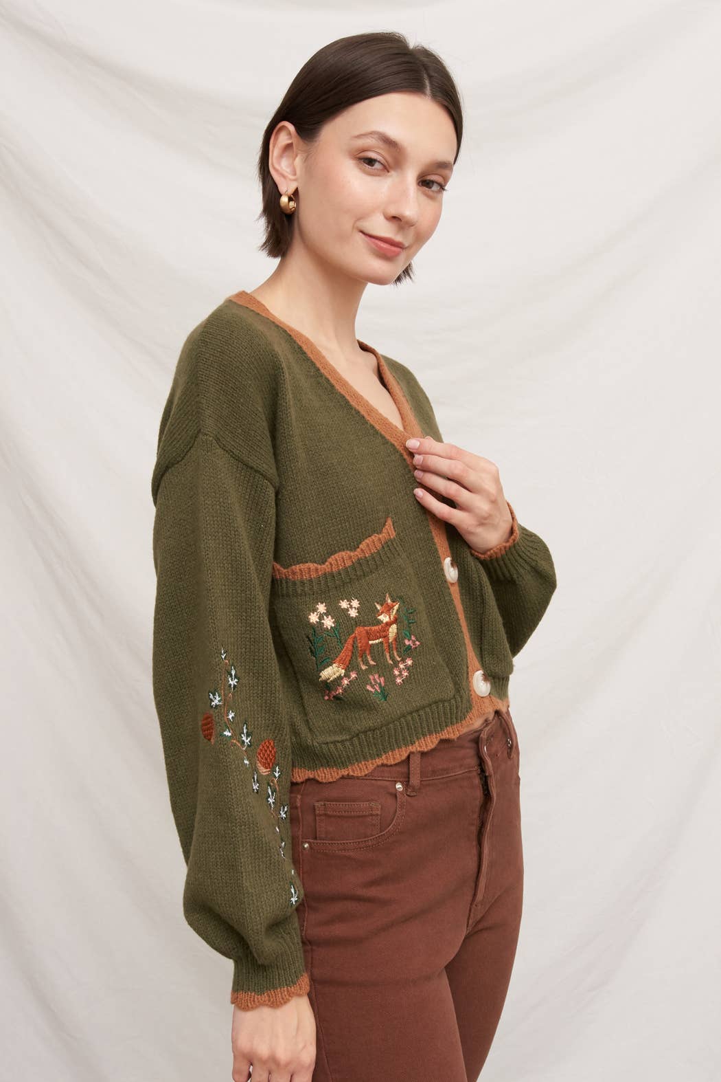 Fox Embroidered Long Sleeve Sweater Cardigan: Brown / S/M