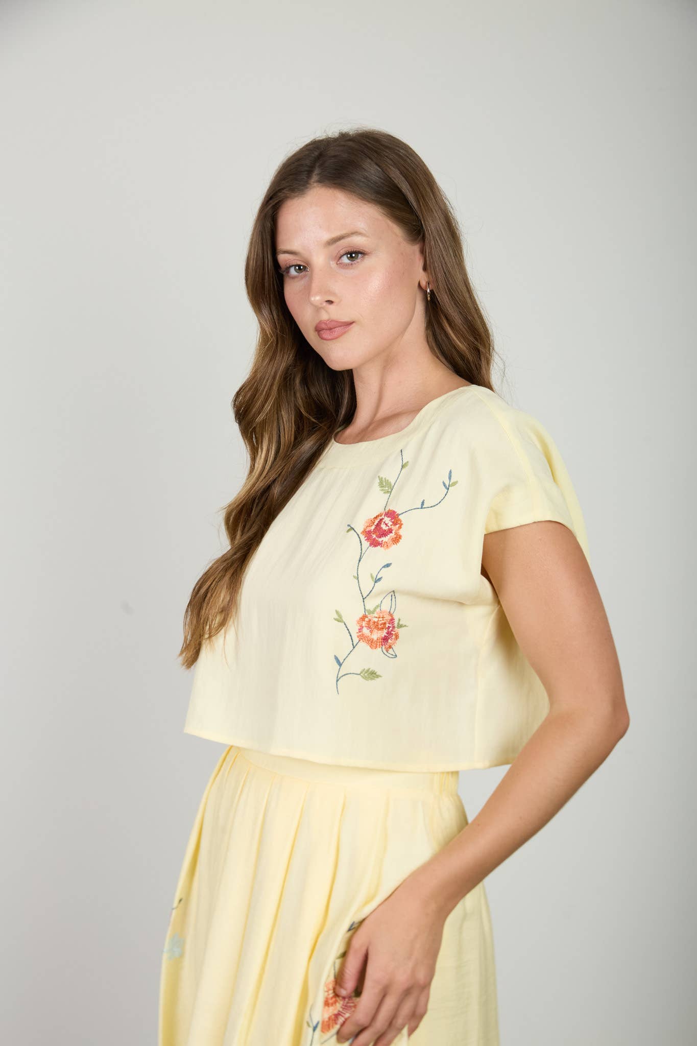 FLORAL EMBROIDERY DETAIL BOAT NECK CROP TOP: BUTTER YELLOW MULTI