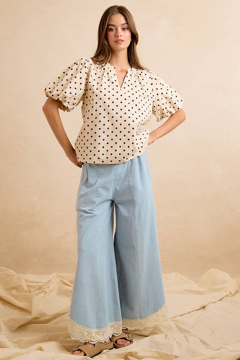 WIDE LEG CROCHET LACE WITH TULIP HEM JEANS: DENIM / M