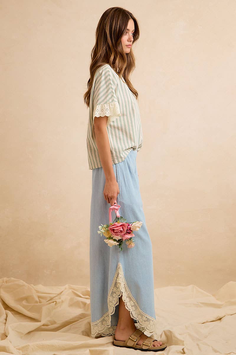 WIDE LEG CROCHET LACE WITH TULIP HEM JEANS: DENIM / S