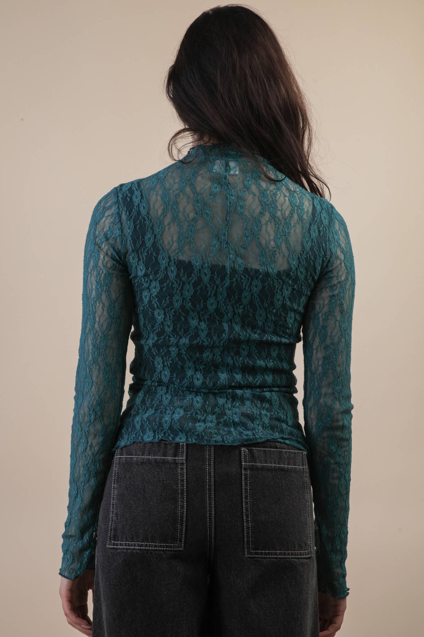 NT12220-High Neck Fitted Sheer Mesh Lace Knit Top: FOREST / S-M-L/2-2-2