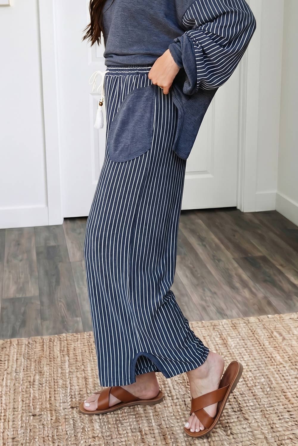66 Striped Contrast High Waist Plus Size Pants Set (S-4X): Green / S