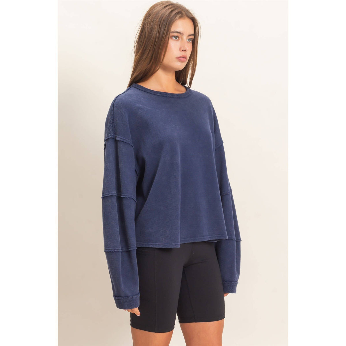Mineral Wash Overzised Raw Edge Crew Neck Top: DARK RED / S-M-L(2-2-2)