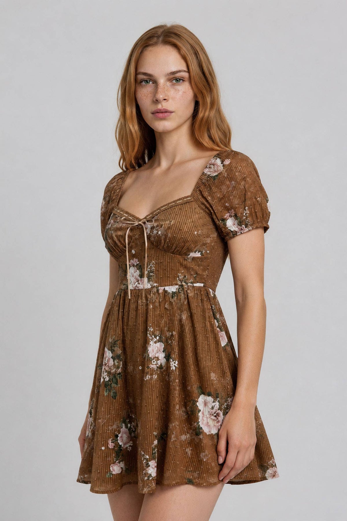 FLORAL STRIPE CLIP DOT SWEETHEART CORSET MINI DRESS : BROWN MULTI