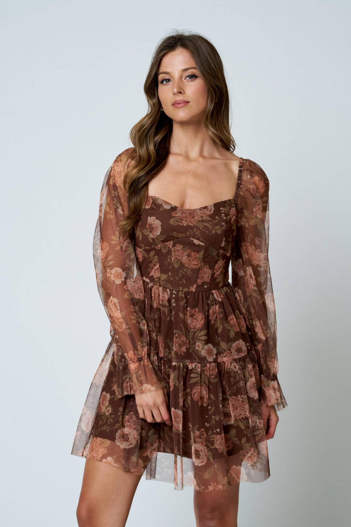 FLORAL CHIFFON LONG SLEEVE CORSET MINI DRESS: BURGUNDY MULTI