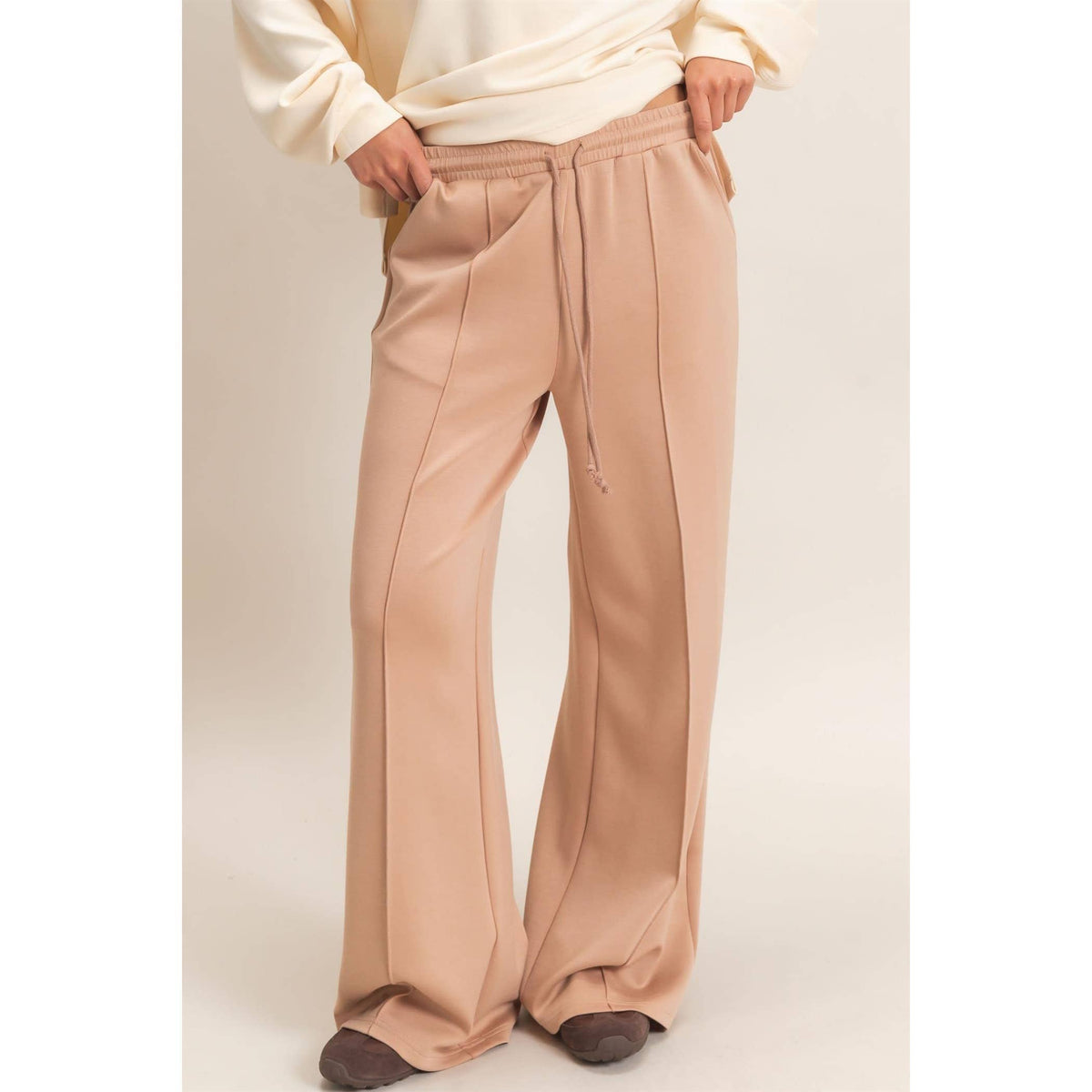 Drawstring Waist Pintuck Wide Leg Pants: COCOA / S-M-L(2-2-2)