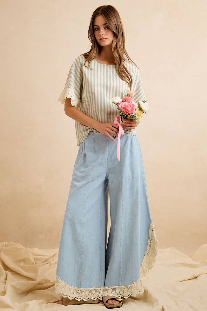WIDE LEG CROCHET LACE WITH TULIP HEM JEANS: DENIM / XL