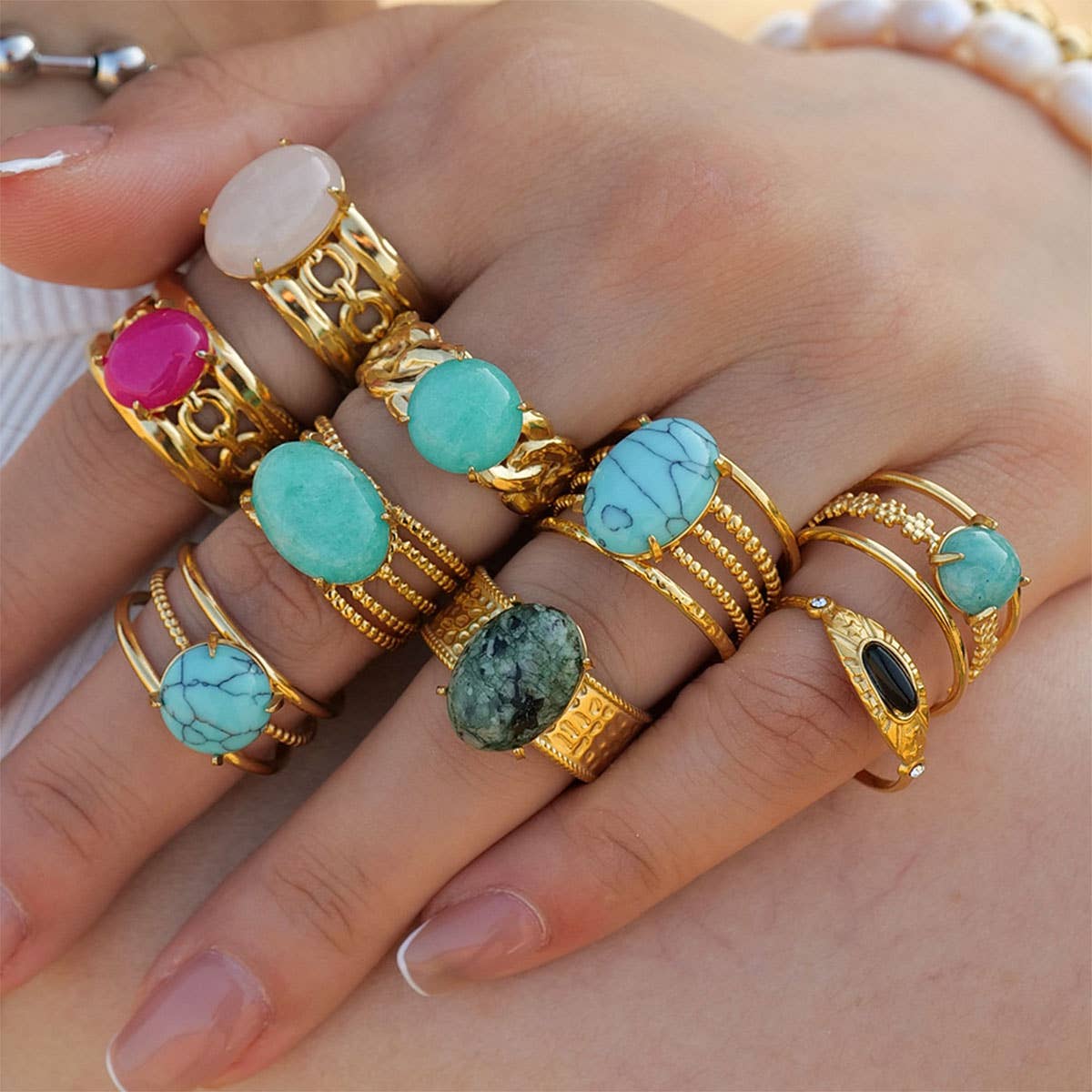 STAINLESS STEEL NATURAL STONE RINGS_TURQUOISE_CWAJE0615: TYPE2 / (OS) 3