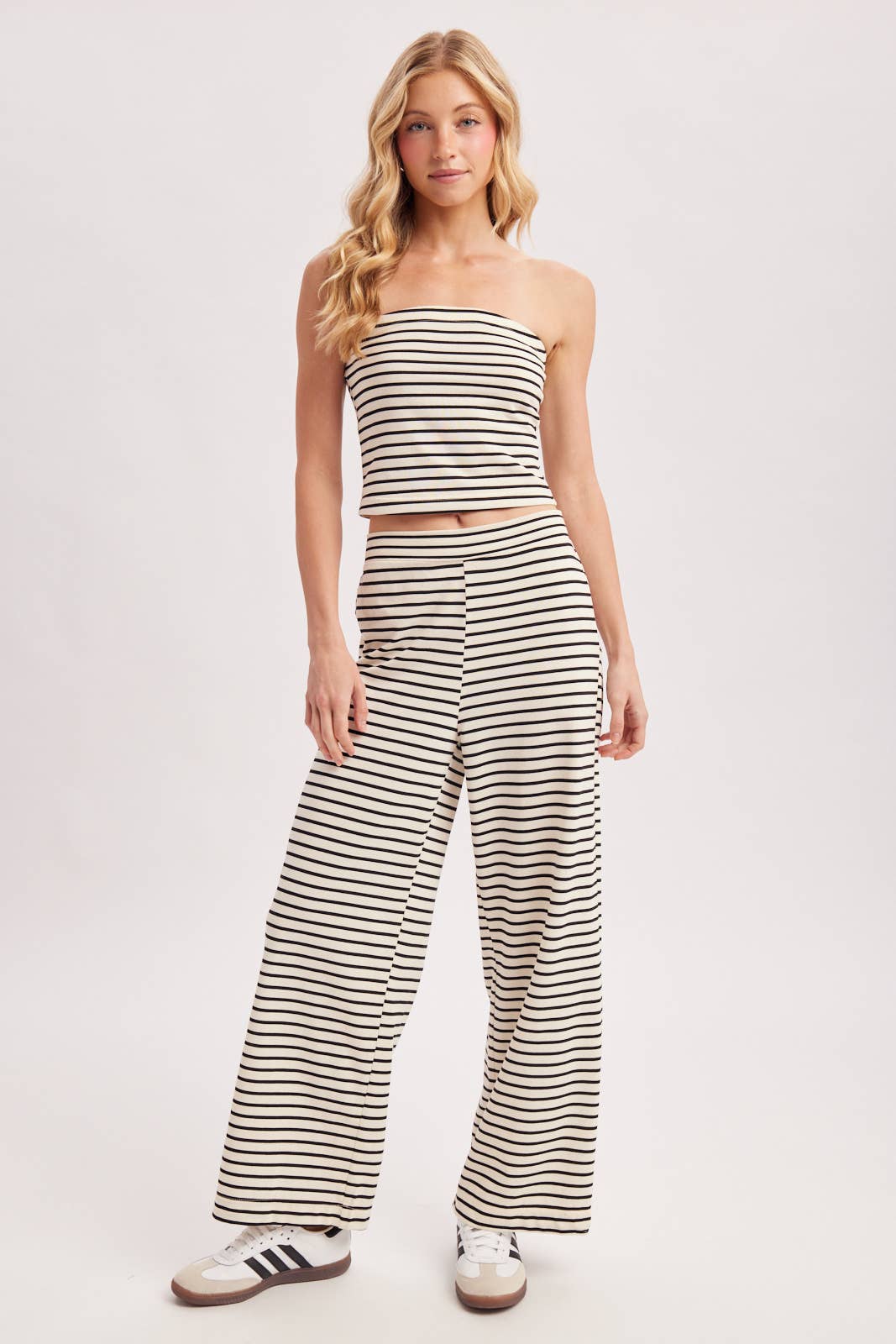 STRIPED KNIT TUBE AND WIDE PANTS SET: MOCHA COMBO / S