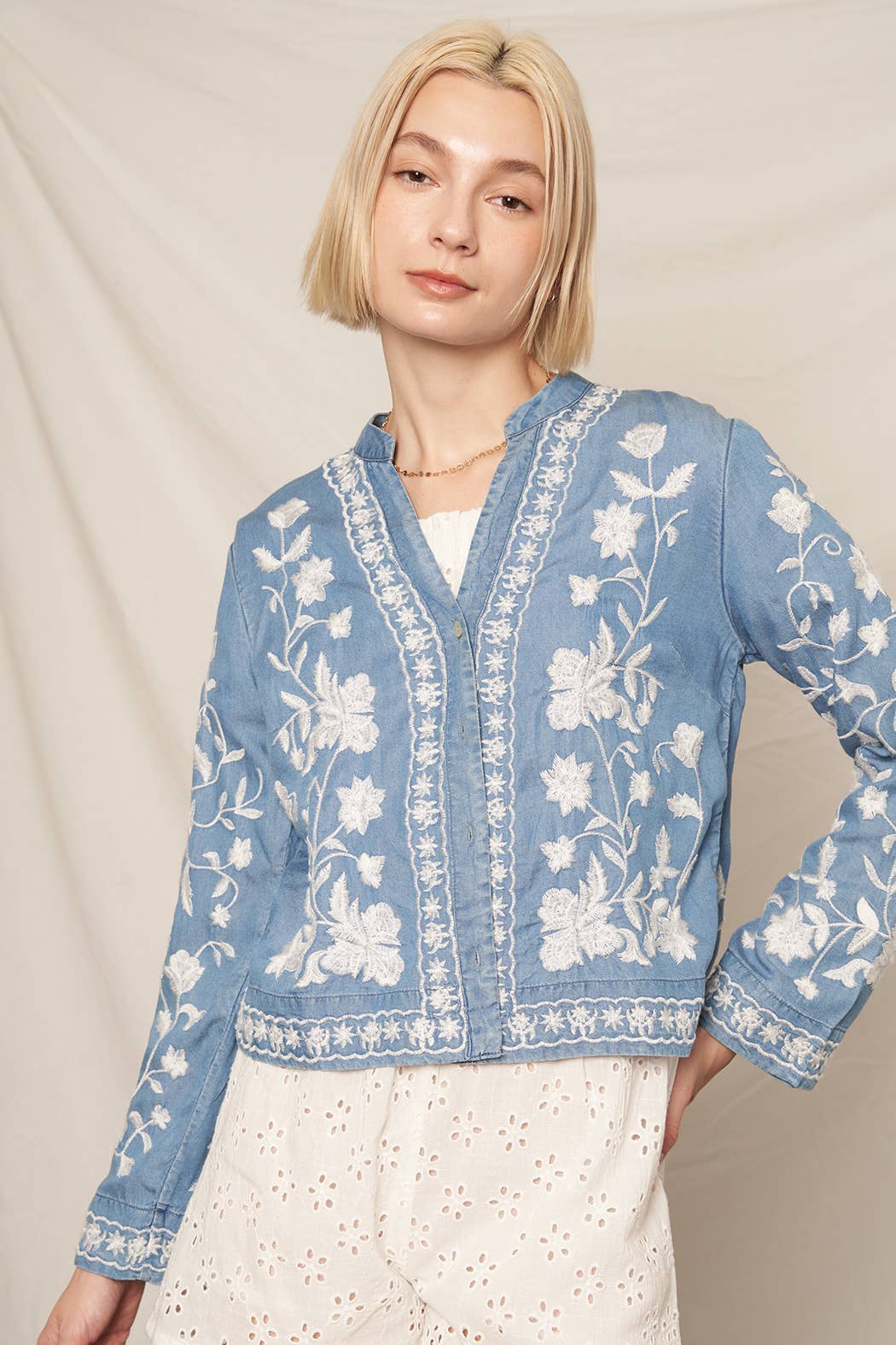 Long Sleeve Embroidered Denim Button Down Top: Dark Denim / M/L