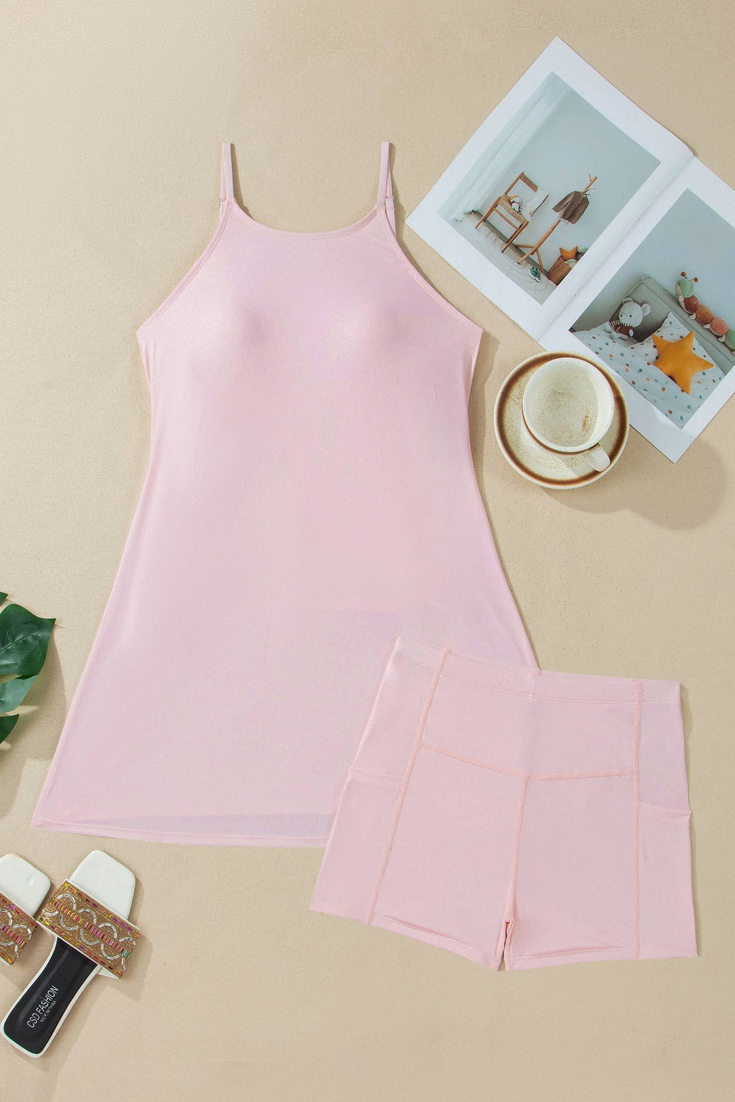LAS Solid Slim Tank Dress with Athletic Shorts Set (S-XL): Pink / Missy / S