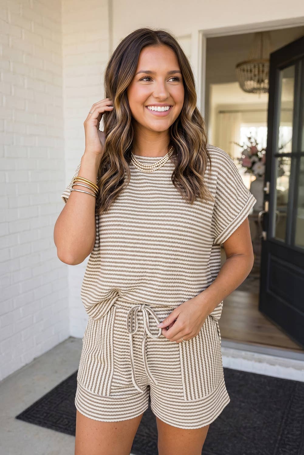 LAS Stripe Breathable Textured Knit Shorts Set (S-XL): Brown Stripe / Missy / M