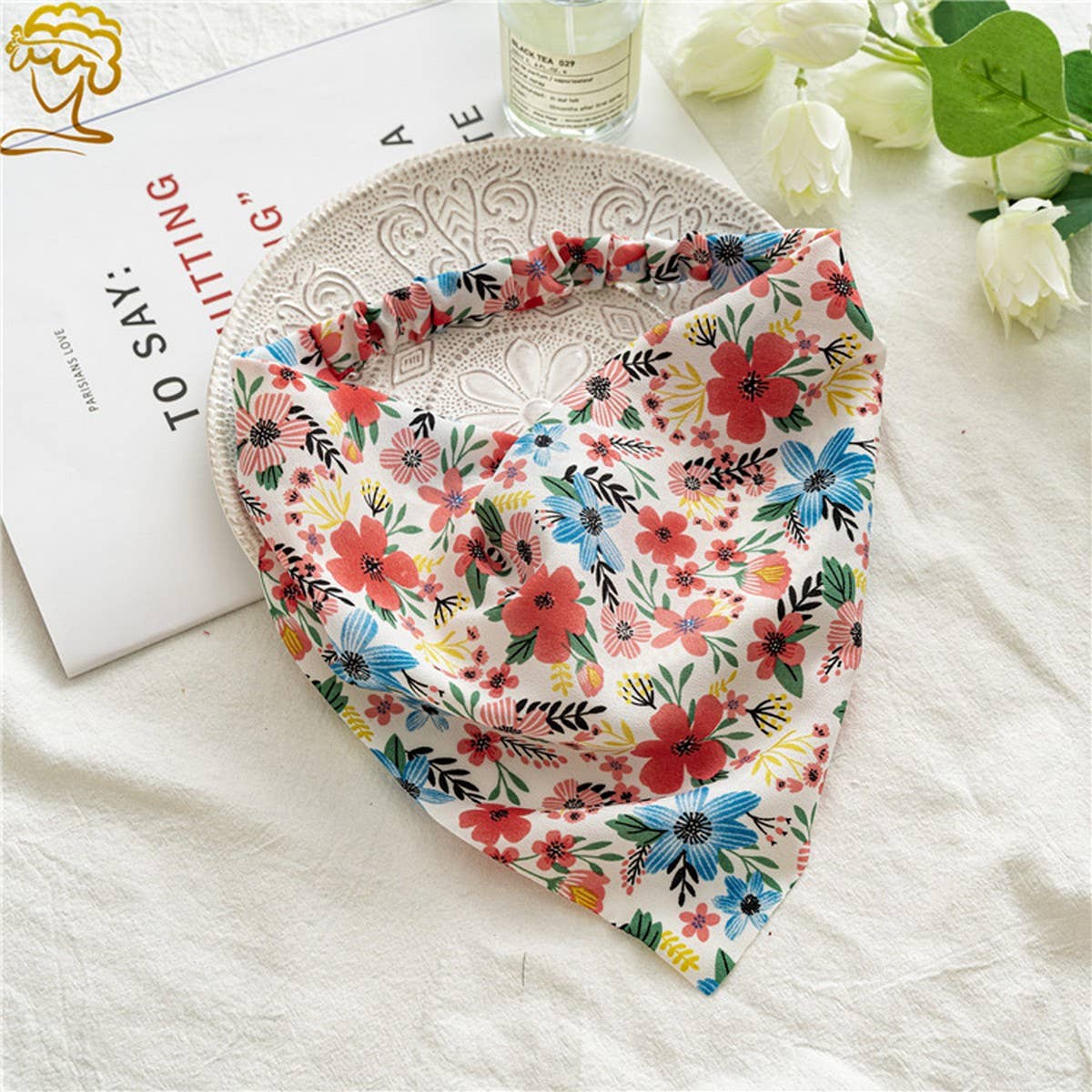 FLORAL PASTORAL STYLE TURBAN WITH ELASTIC BANDANA_CWAHA0847: Yellow / (OS) 3