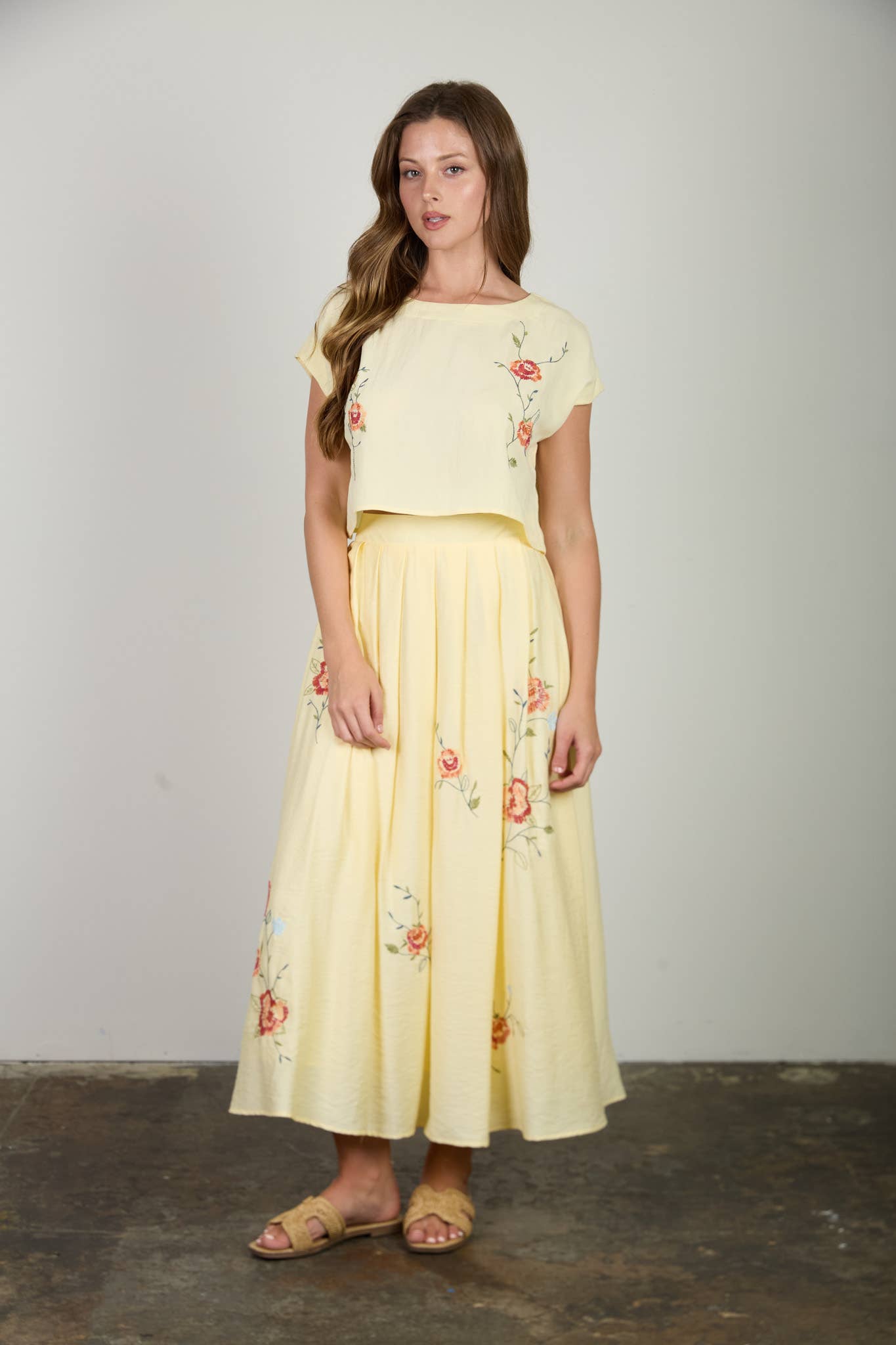 FLORAL EMBROIDERY DETAIL BOAT NECK CROP TOP: BUTTER YELLOW MULTI