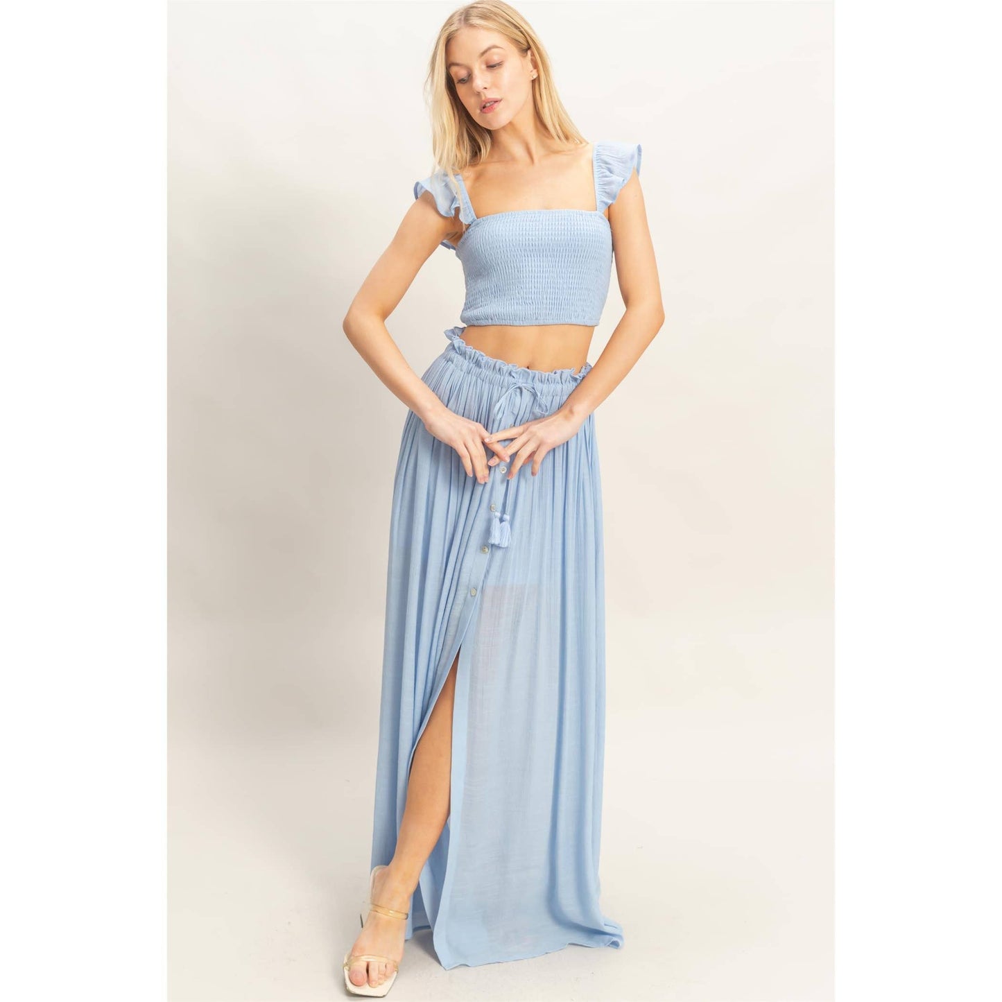 Smocked Top & Maxi Skirt Set: POWDER BLUE / S-M-L(2-2-2)