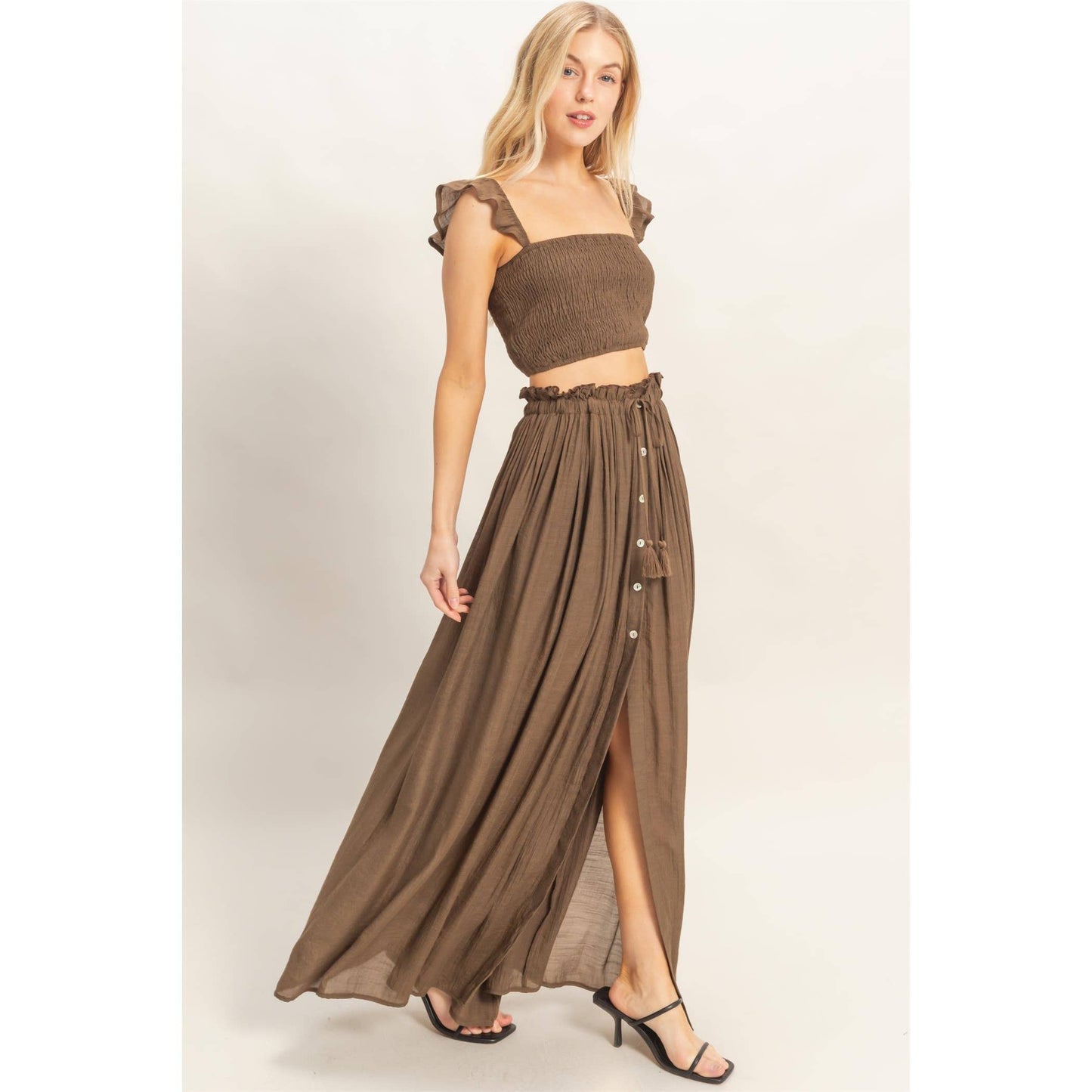 Smocked Top & Maxi Skirt Set: POWDER BLUE / S-M-L(2-2-2)