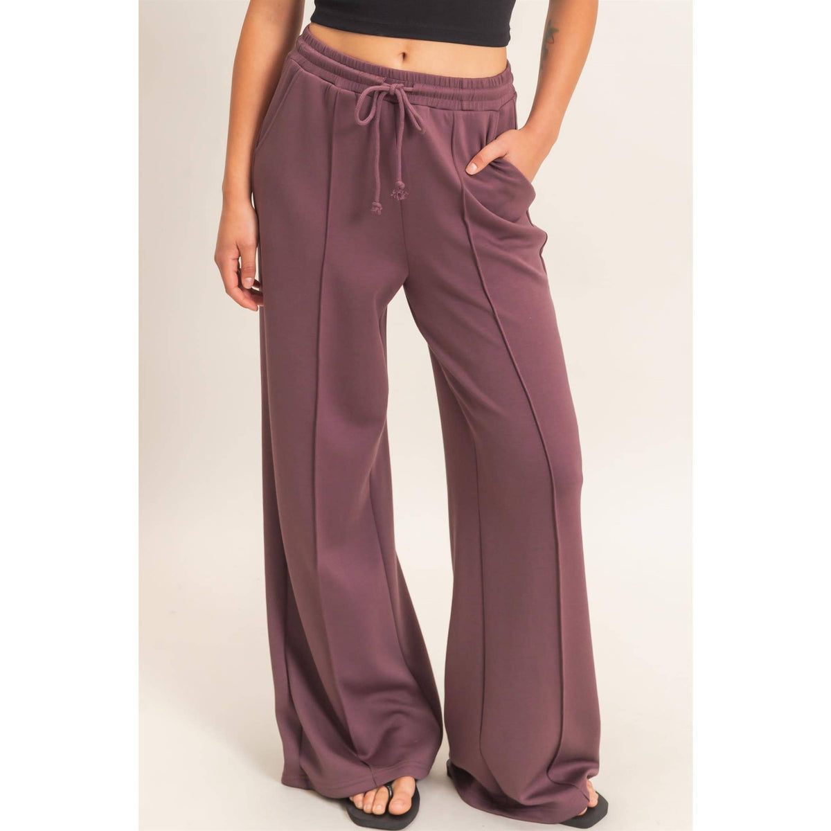 Drawstring Waist Pintuck Wide Leg Pants: HEATHER GRAY / S-M-L(2-2-2)