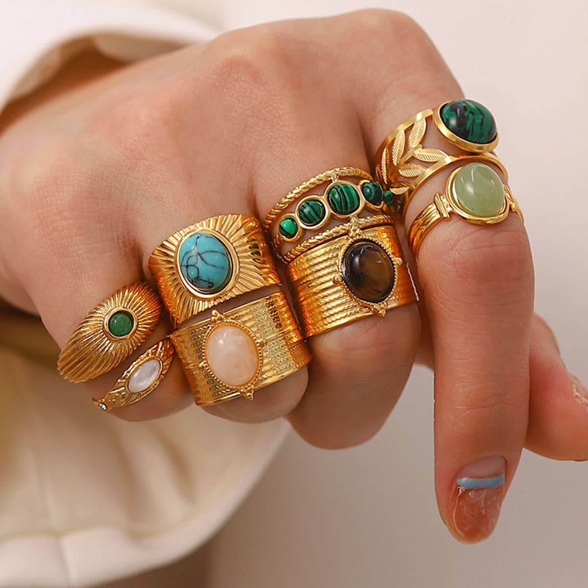 GOLD STAINLESS STEEL INLAID NATURAL STONE RINGS_CWAJE0611: TYPE1 / (OS) 3