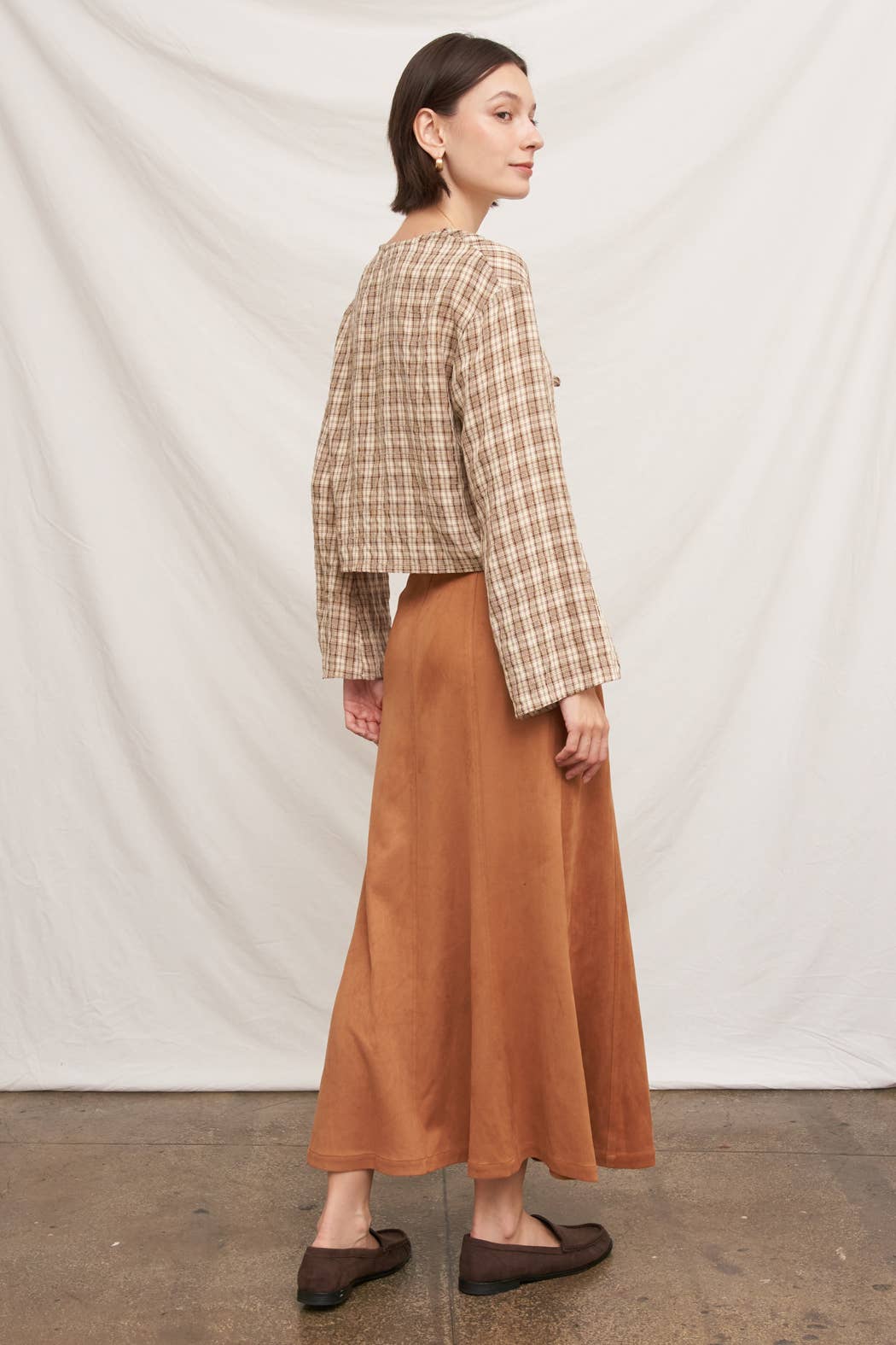 Tie Front Long Sleeve Plaid Blouse: Blue / M