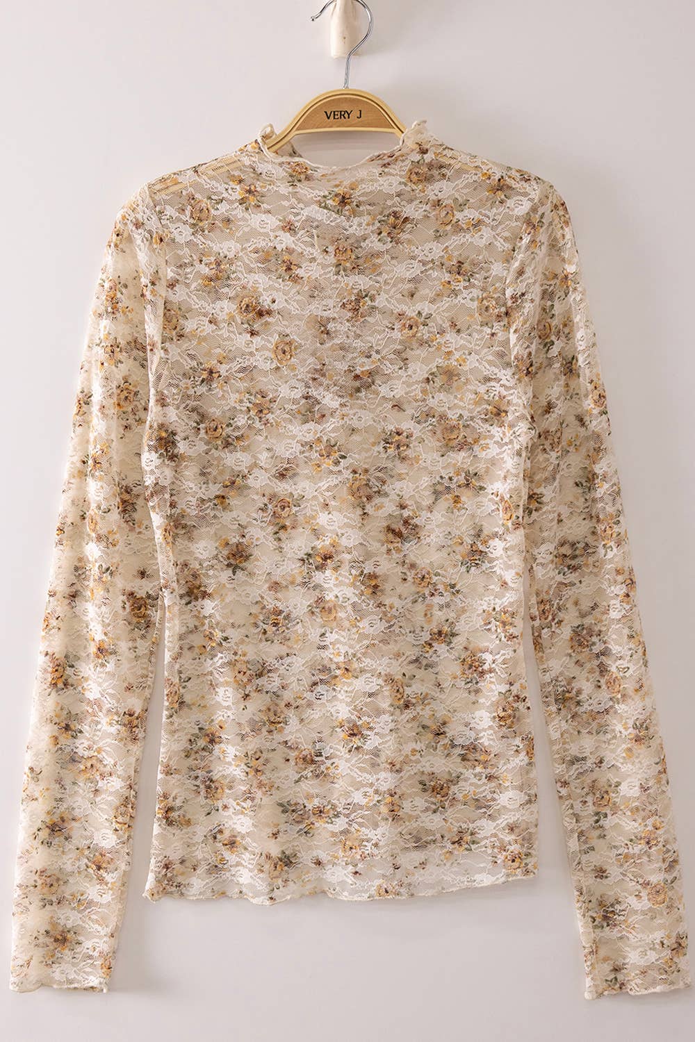 NT12220-High Neck Fitted Sheer Mesh Lace Knit Top: CREAM/PLUM BIG FLORAL-26 / S-M-L/2-2-2