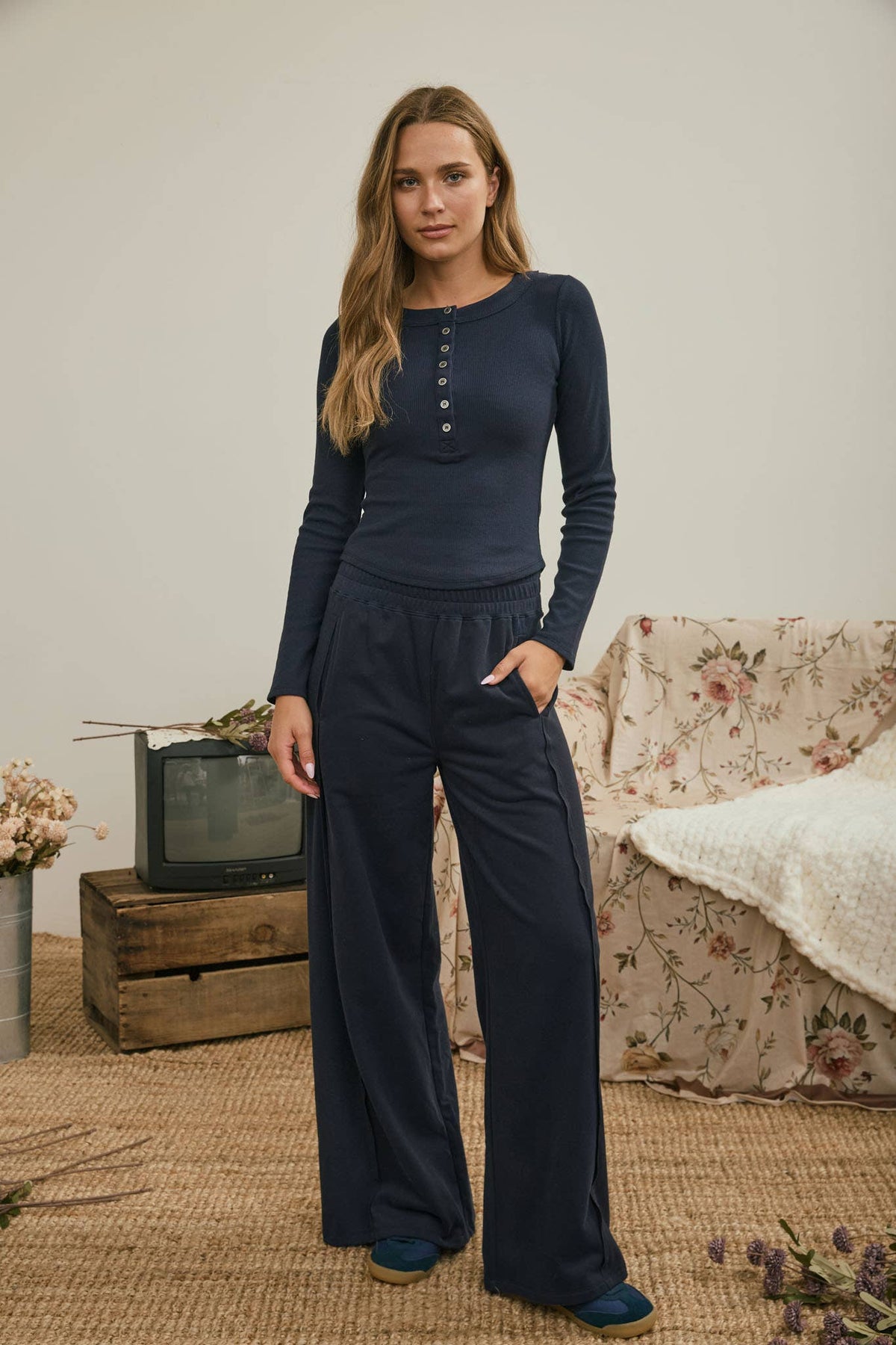 ELASTIC WAIST SIDE PANEL KNIT LOUNGE PANTS : BROWN