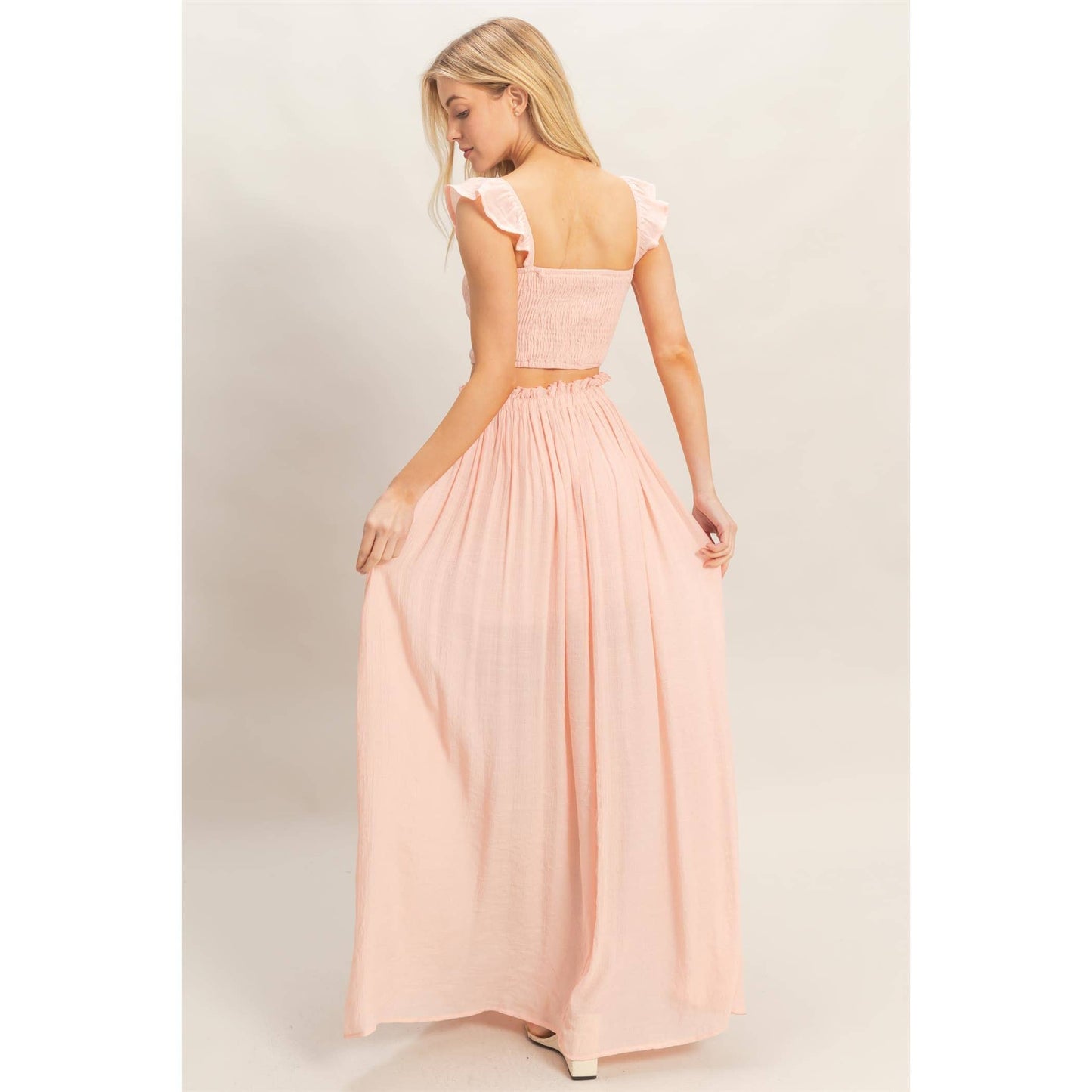 Smocked Top & Maxi Skirt Set: POWDER BLUE / S-M-L(2-2-2)