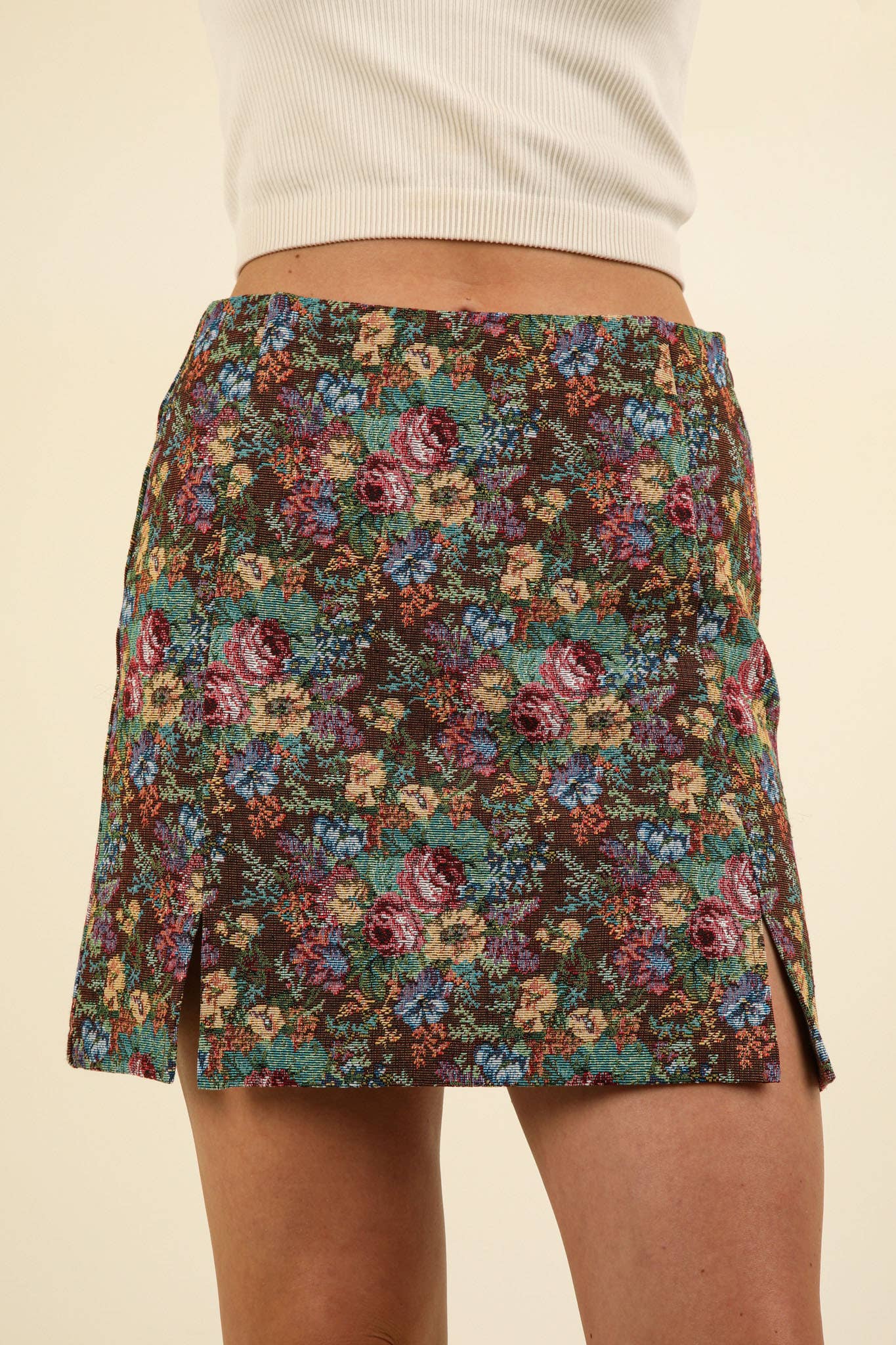 NS50105-Floral Jacquard Fabric Holiday Mini Skirt: BEIGE MIX / S-M-L/2-2-2