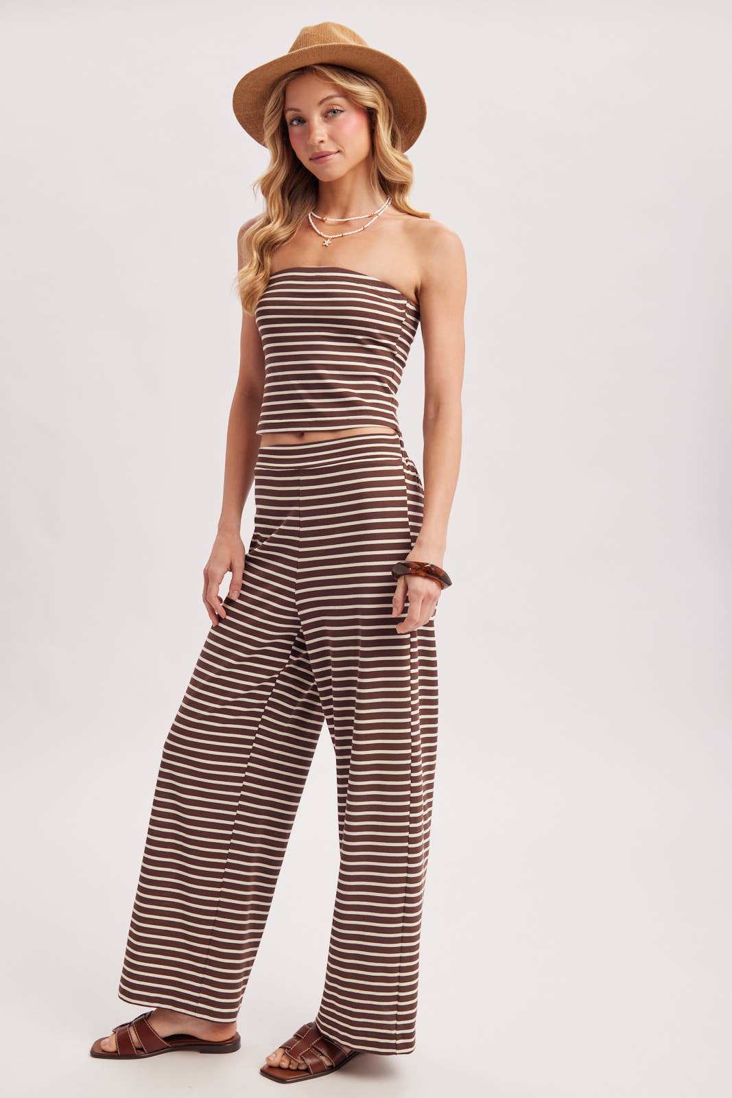 STRIPED KNIT TUBE AND WIDE PANTS SET: MOCHA COMBO / S