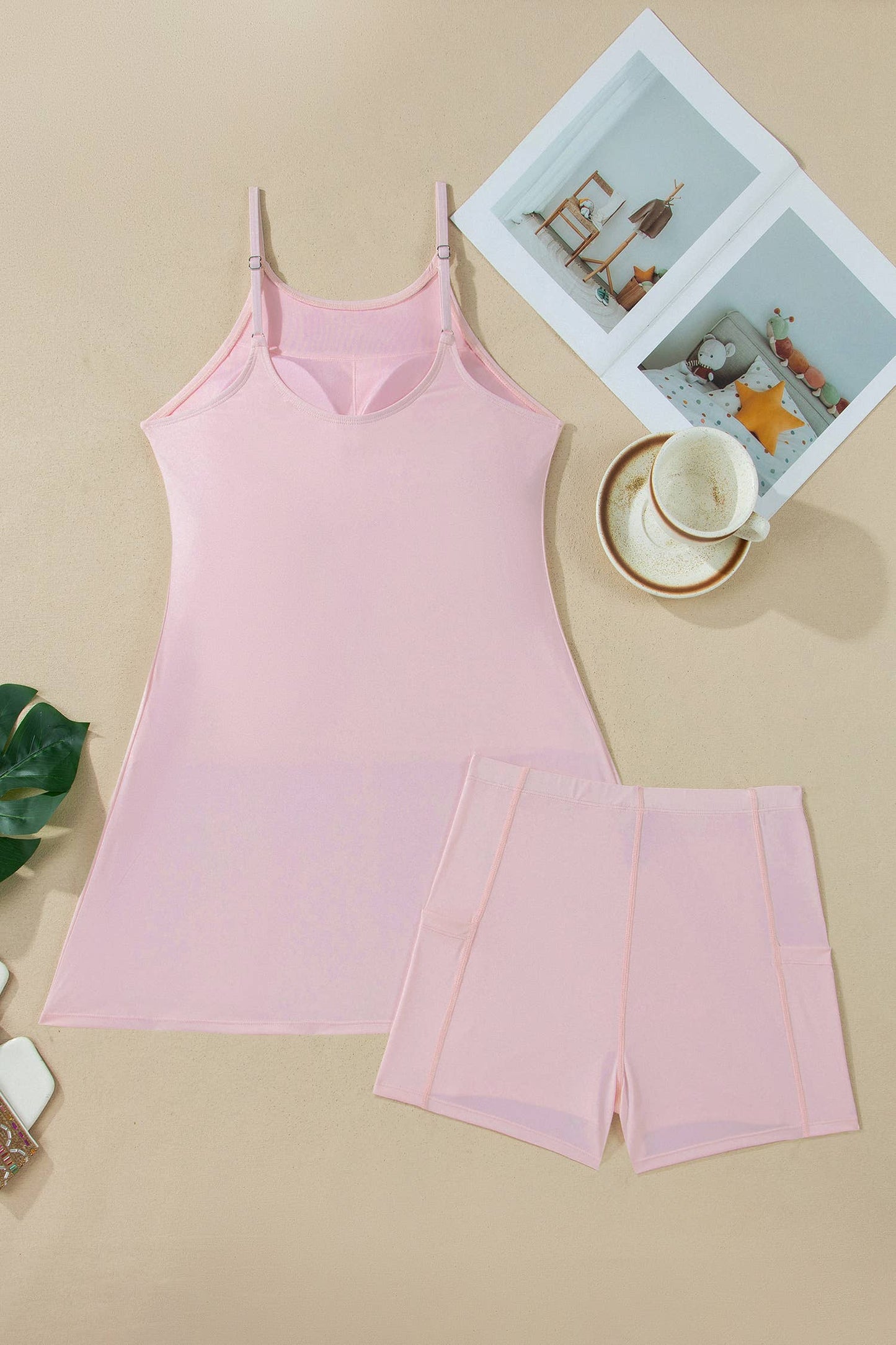 LAS Solid Slim Tank Dress with Athletic Shorts Set (S-XL): Pink / Missy / L