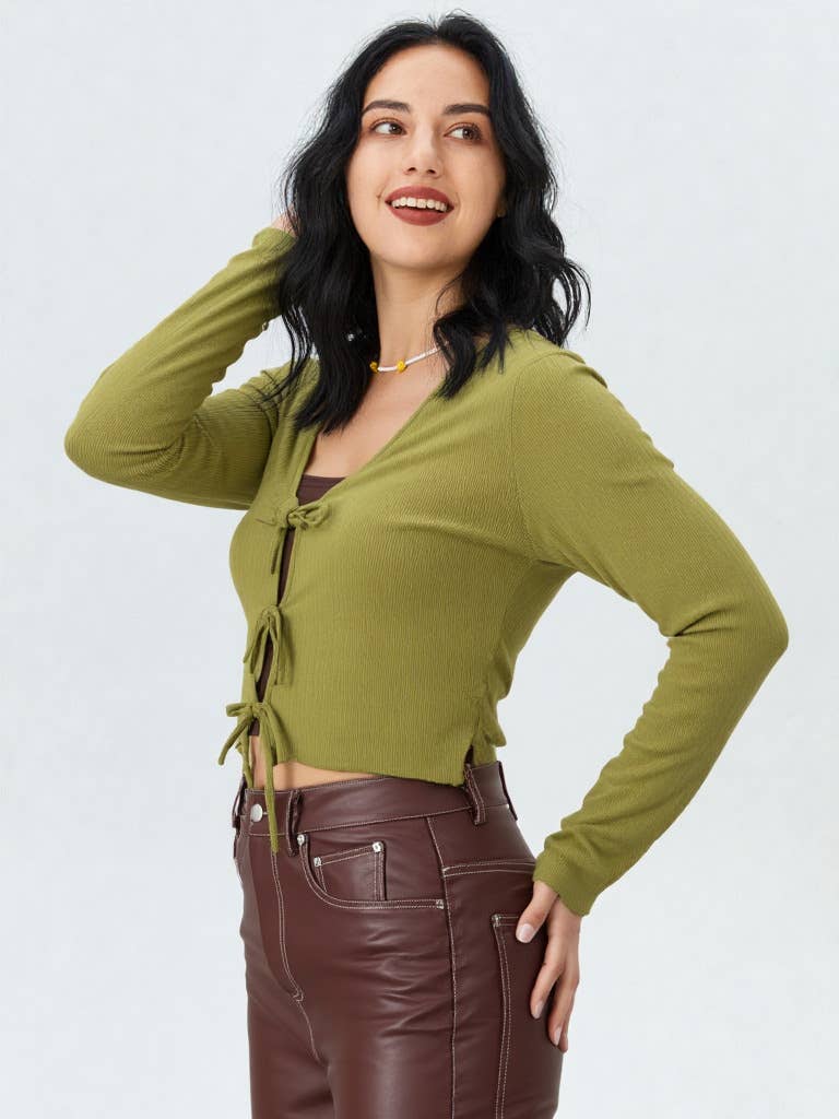 VT15148-3-Strap Tie V Neck Crop Top: AVOCADO / S-M-L/2-2-2