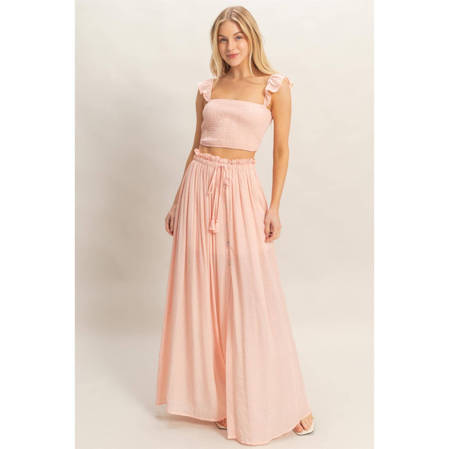 Smocked Top & Maxi Skirt Set: POWDER BLUE / S-M-L(2-2-2)