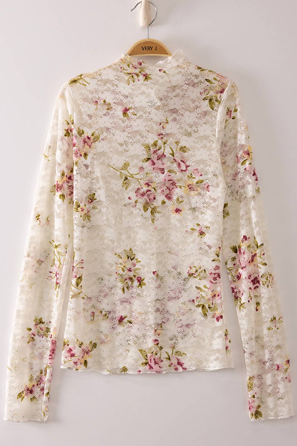 NT12220-High Neck Fitted Sheer Mesh Lace Knit Top: MUSTARD DIZZY FLORAL-26 / S-M-L/2-2-2