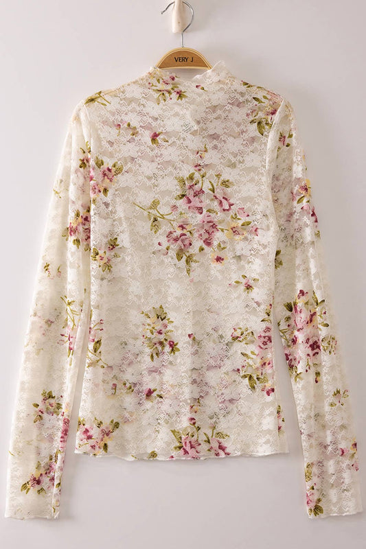 NT12220-High Neck Fitted Sheer Mesh Lace Knit Top: CREAM/PLUM BIG FLORAL-26 / S-M-L/2-2-2