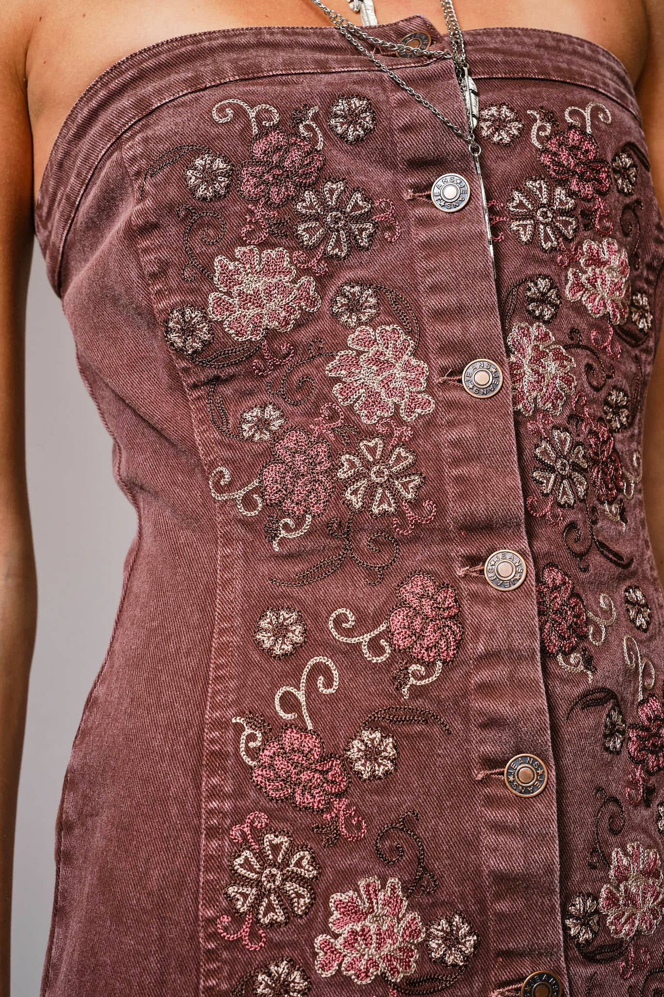 23719D - Embroidered Button Up Tube Denim Dress: WASHED PLUM / S-M-L (2-2-2)
