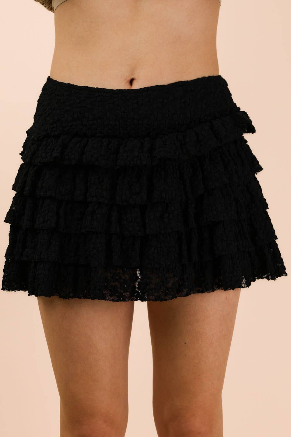 NS50190-Ruffle Layered Lace Mini Skirt W/ Inner Shorts: Black / S-M-L/2-2-2