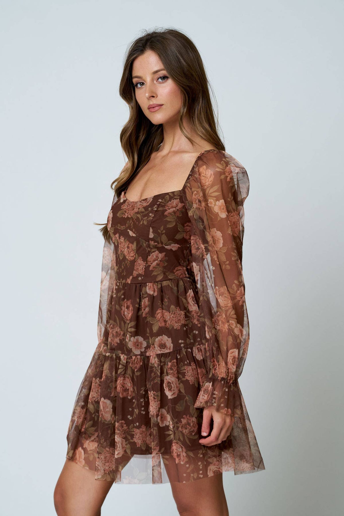 FLORAL CHIFFON LONG SLEEVE CORSET MINI DRESS: BURGUNDY MULTI