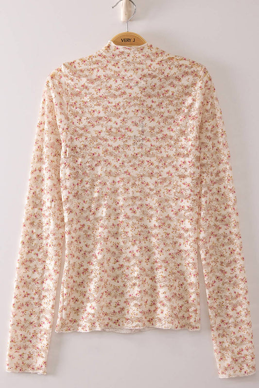 NT12220-High Neck Fitted Sheer Mesh Lace Knit Top: PINK BLOSSOM - 26 / S-M-L/2-2-2