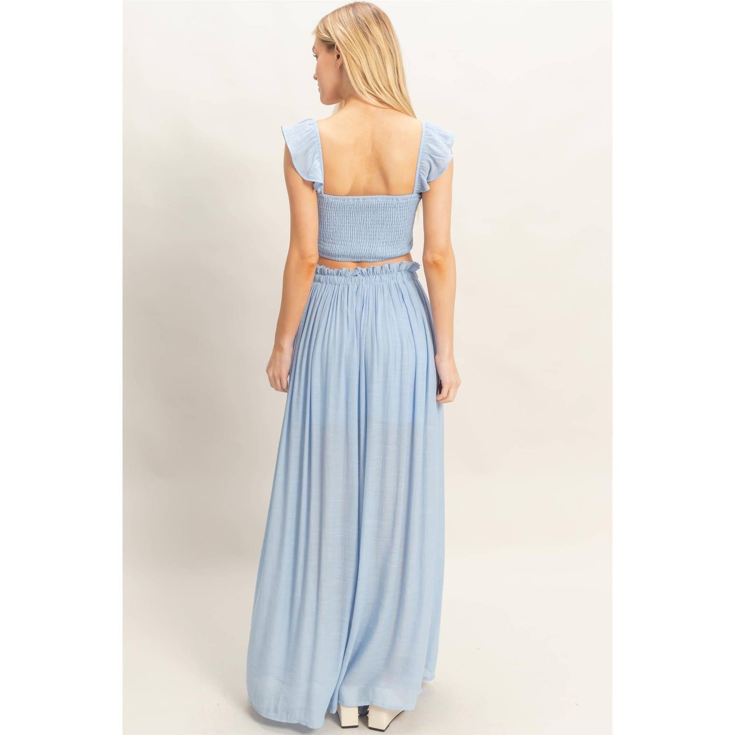 Smocked Top & Maxi Skirt Set: POWDER BLUE / S-M-L(2-2-2)