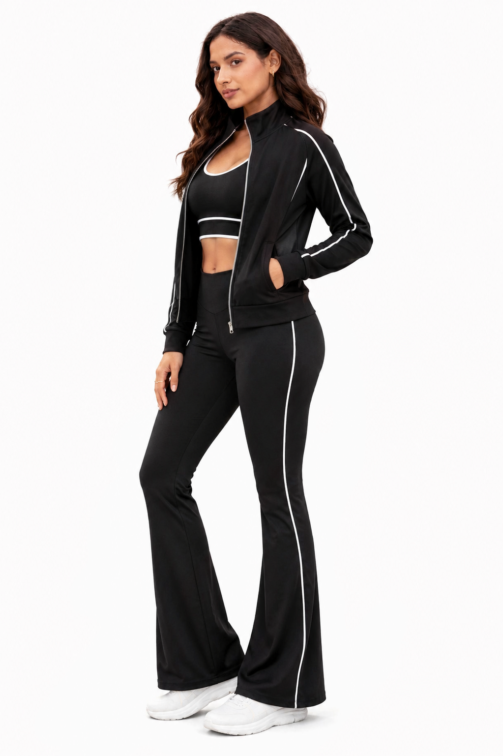 Activewear 3pcs set w/sports bra and jacket and flare pants: Black