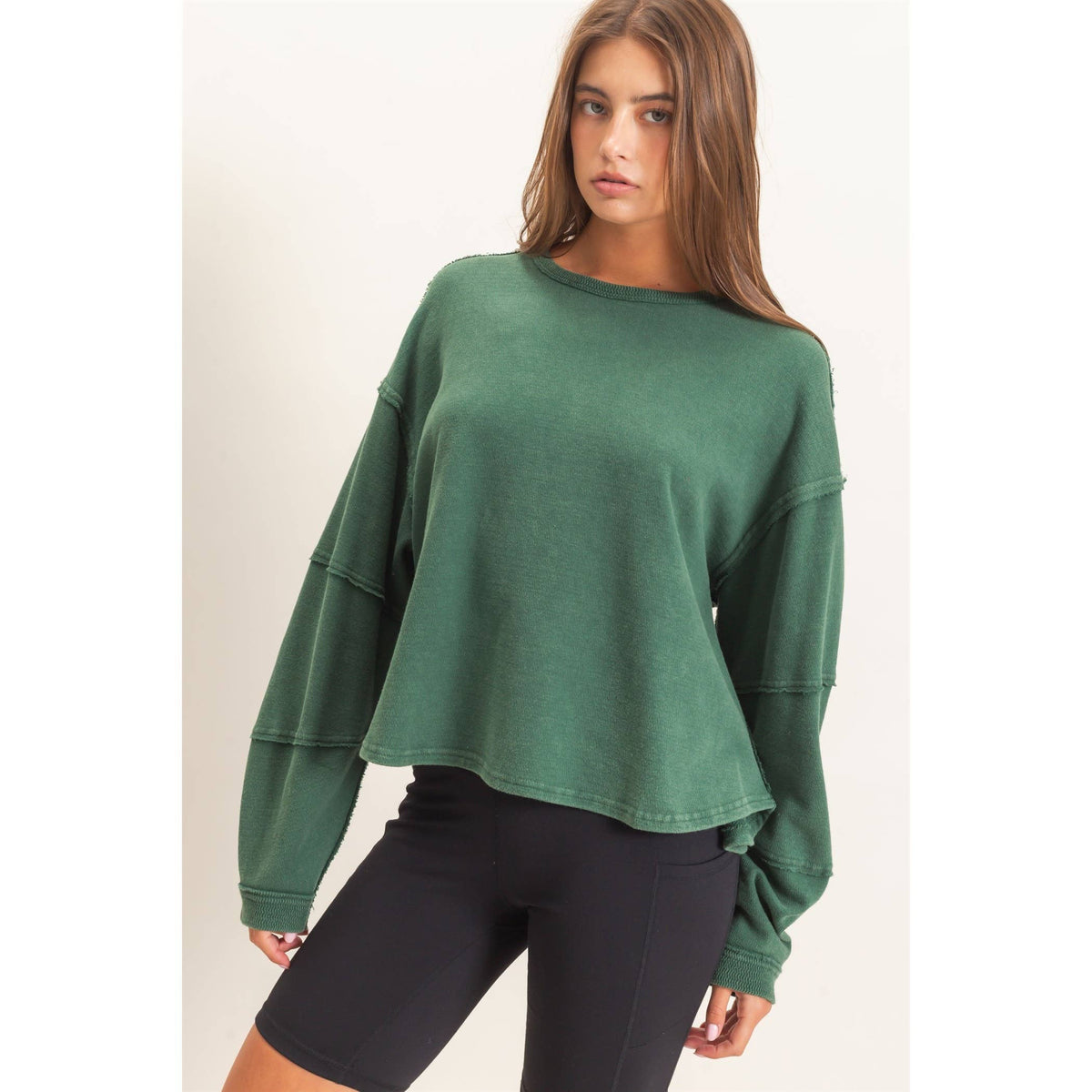 Mineral Wash Overzised Raw Edge Crew Neck Top: DARK RED / S-M-L(2-2-2)