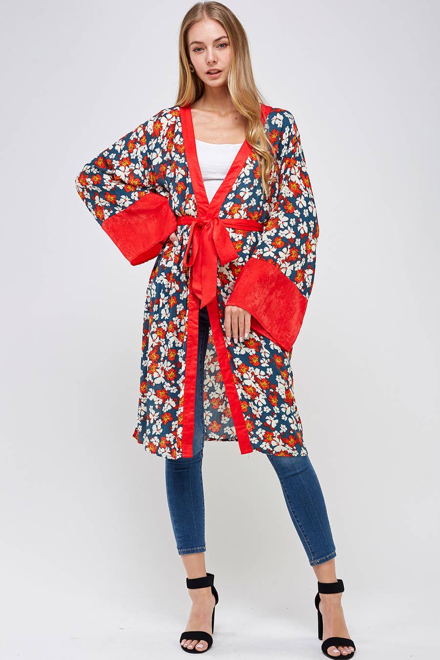Red Trim Floral Long Kimono Cardigan: TEAL RED / S/M