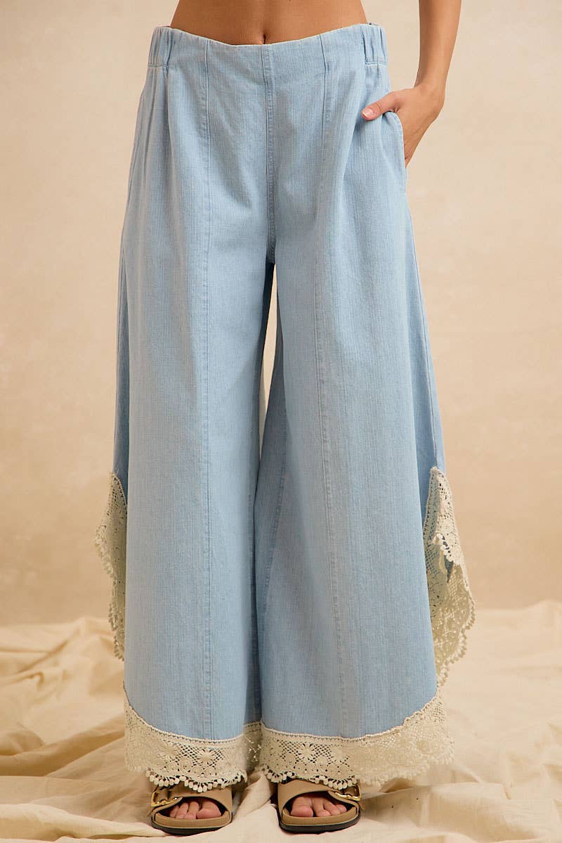 WIDE LEG CROCHET LACE WITH TULIP HEM JEANS: DENIM / XL