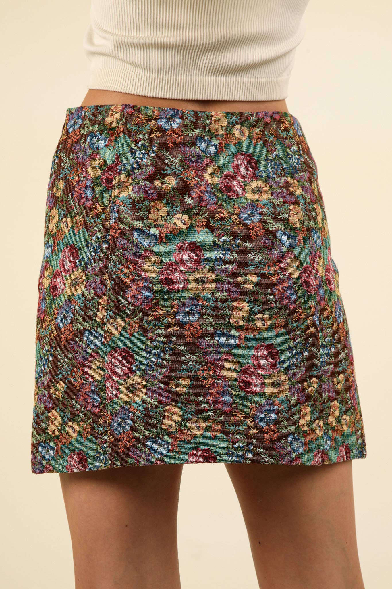 NS50105-Floral Jacquard Fabric Holiday Mini Skirt: BEIGE MIX / S-M-L/2-2-2